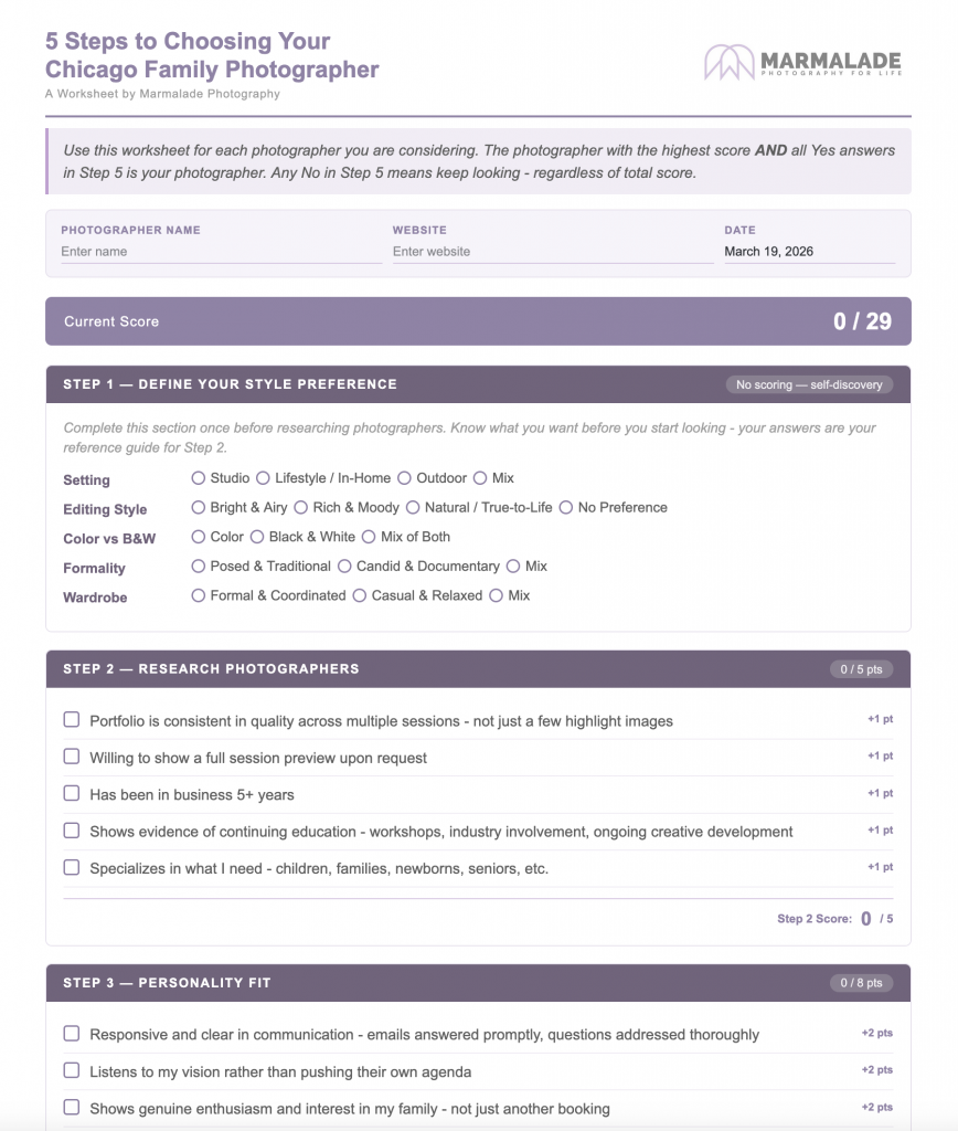 selecting a chicago family photographer worksheet link